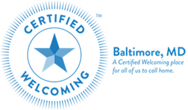 Star in a circle with text certified welcoming Baltimore, MD A certified welcoming place for all of us to call home